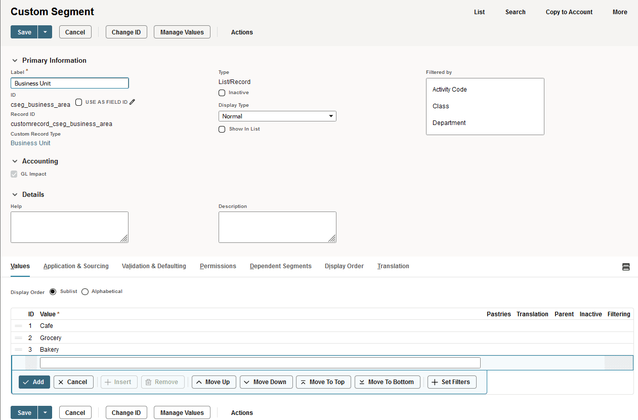 Sample Custom Segment page showing values on the Values subtab.
