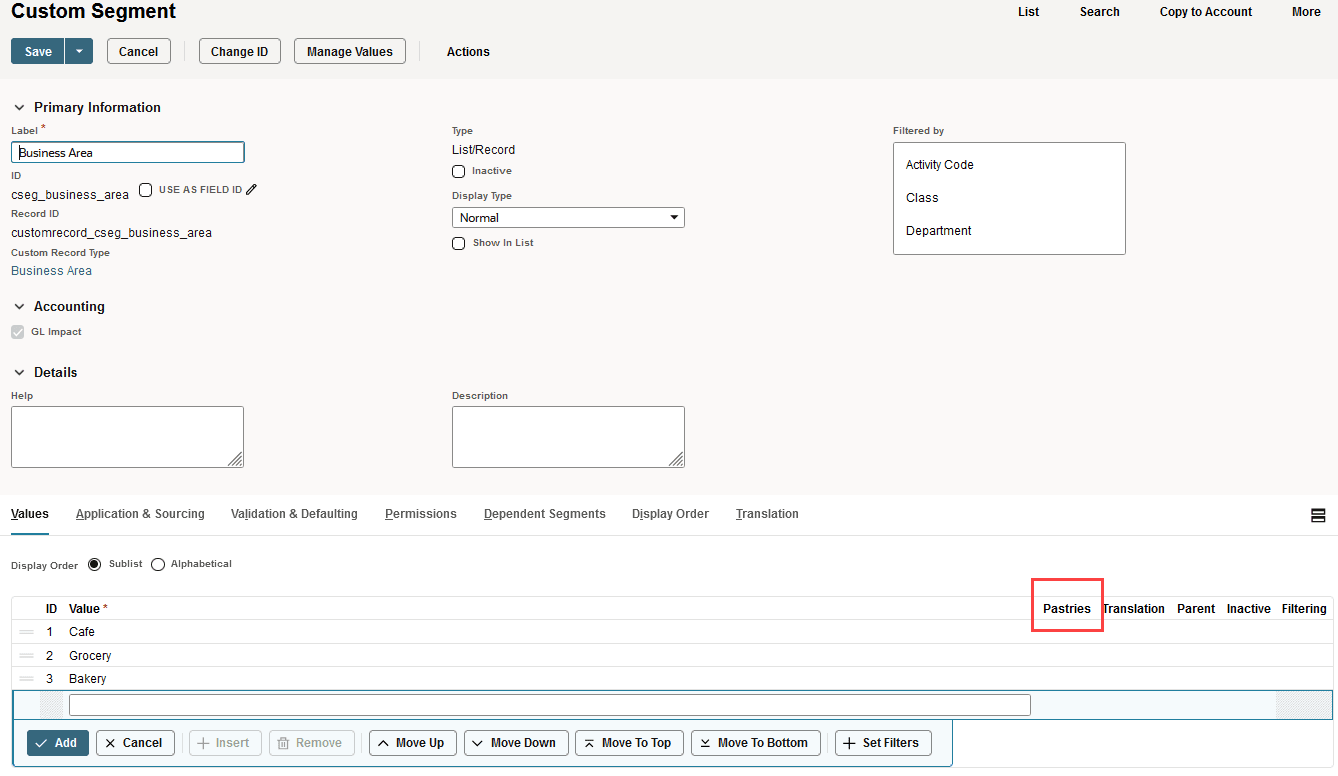 Sample Custom Segment defiintion page showing a new column on the Values subtab.