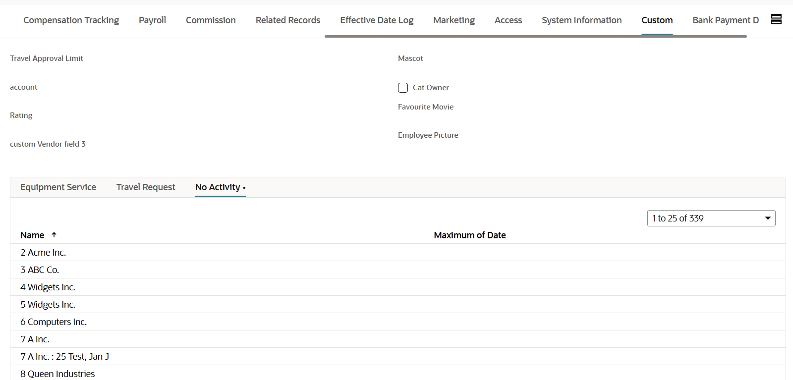 Sample custom sublist saved search output.