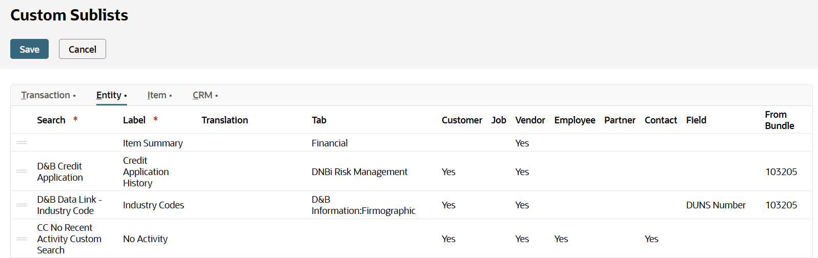 Sample custom sublist saved search setup.