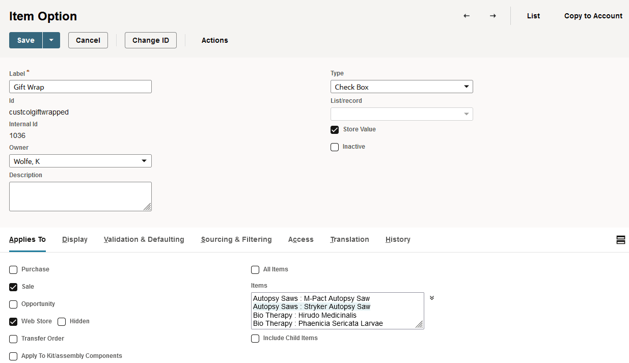 Custom Transacton Item Option page
