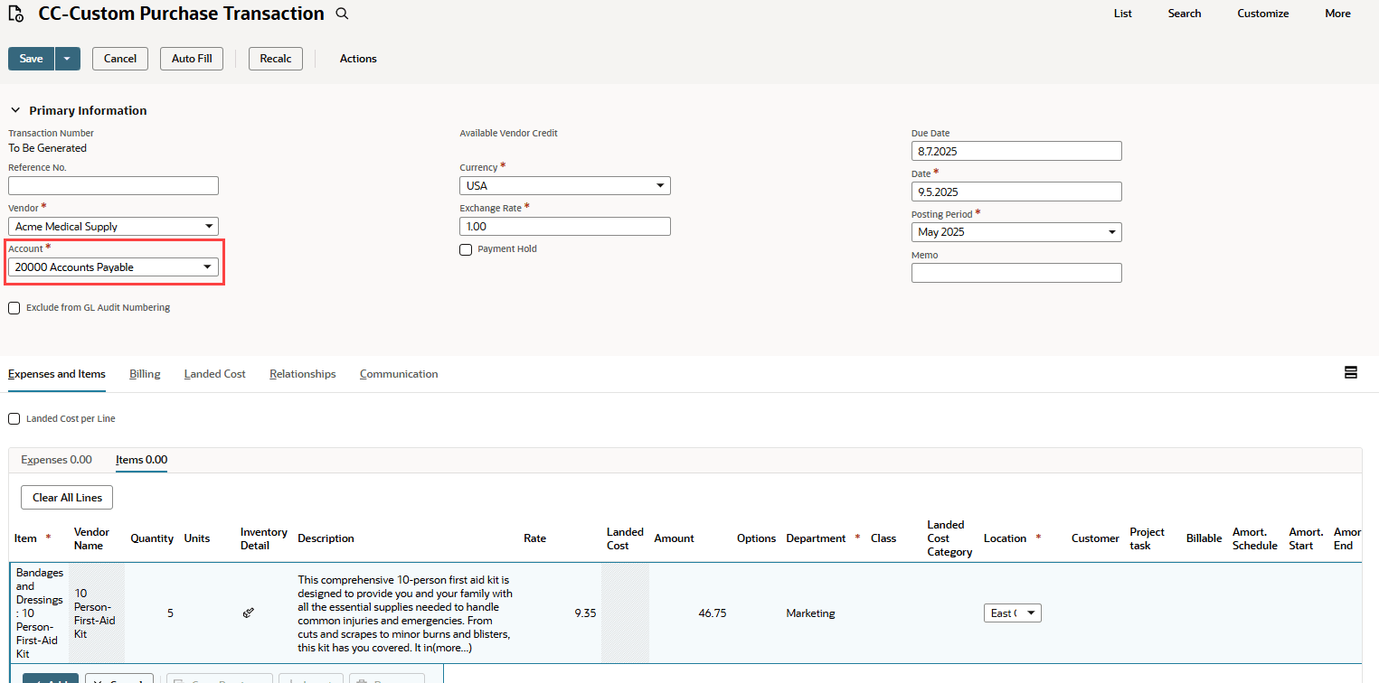 Sample Purchase custom transaction highlighting the Account field.