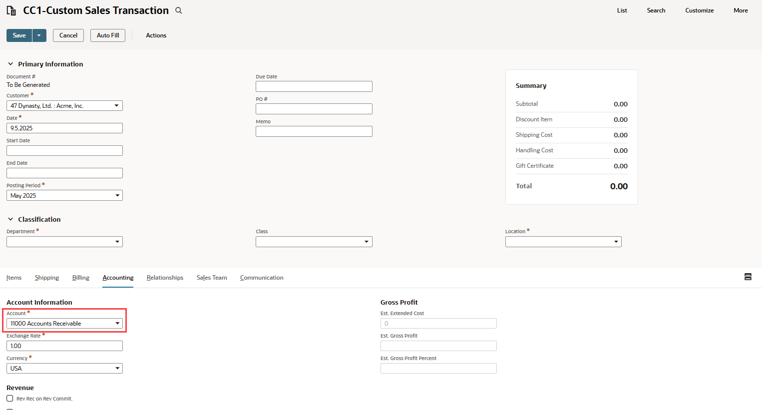 Sample Sales custom transaction highlighting the Account field on the Accounting subtab.