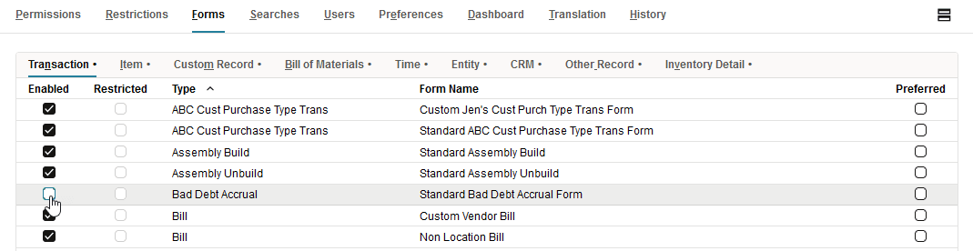 Sample Forms subtab with Enabled box checked on the Transaction subtab.