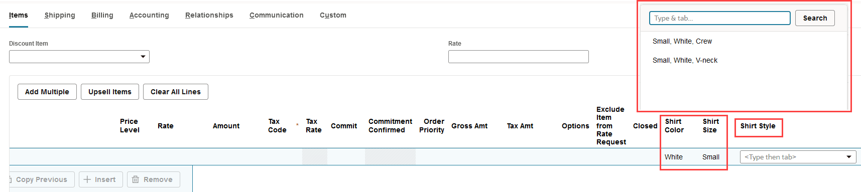Sample Shirt Style dropdown selection for Shirt Style custom transaction line field.