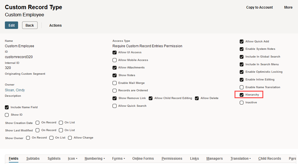 Sample Custom Record Type with Hierarchy box highlighted.