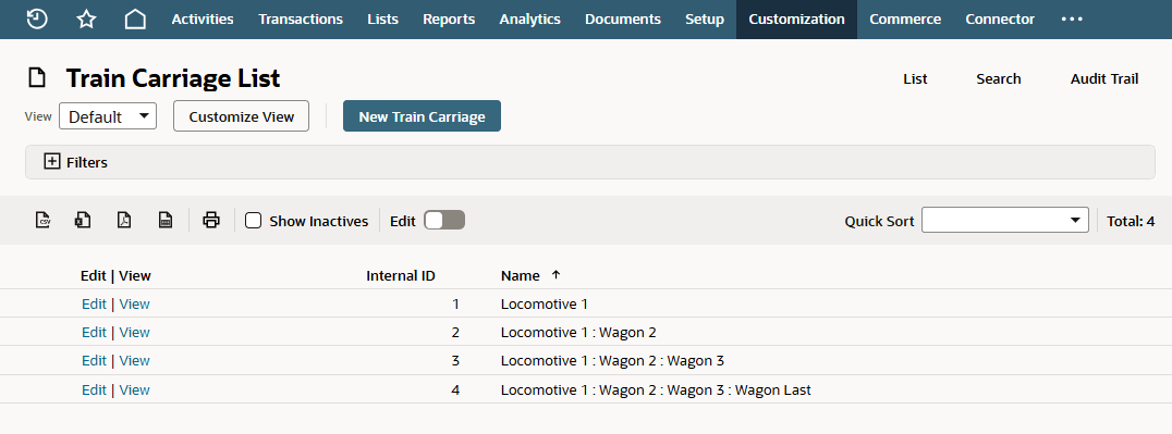 Train Carriage List table with four hierarchical locomotive and wagon entries.
