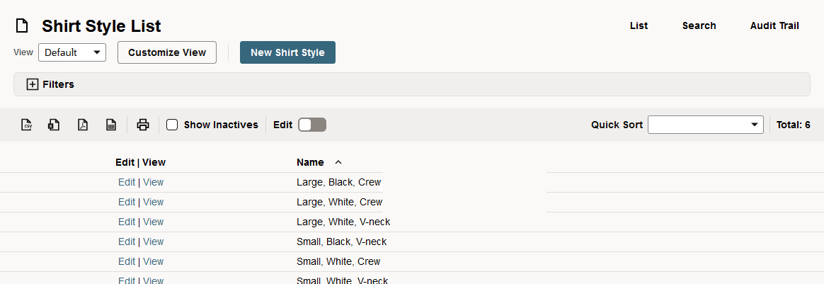 Shirt Style List page