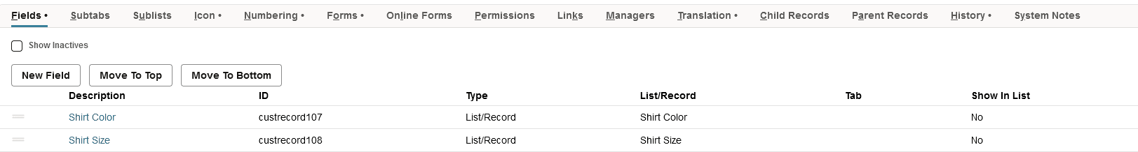 Fields subtab showing fields for shirt color and size to be used in dropdown selection.