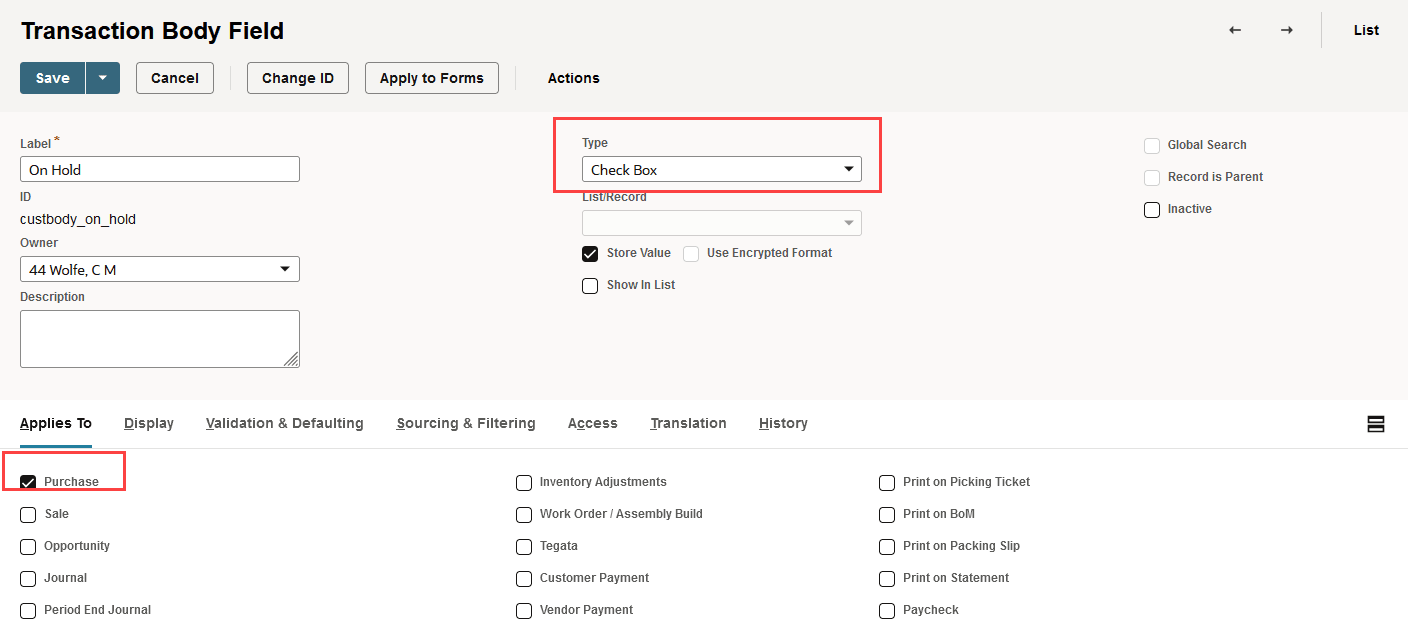 Sample Transaction Body Field page with Type and Purchase settings highlighted.