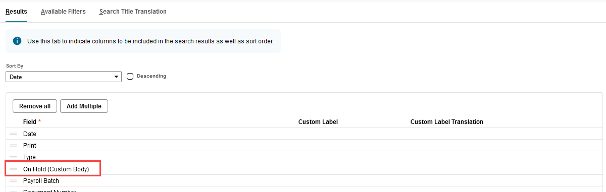 Sample Results subtab highlighting the On Hold field.