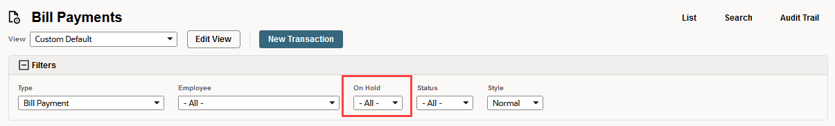 Sort by bill type example with On Hold filter highlighted.