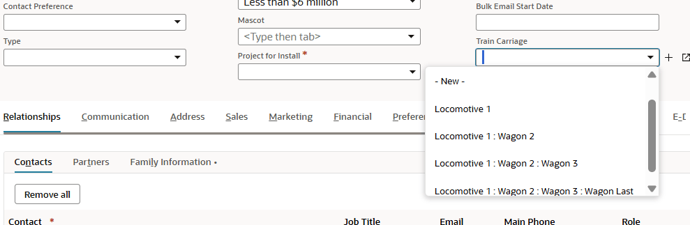 Train Carriage field dropdown list with hierarchical locomotive and wagon options.