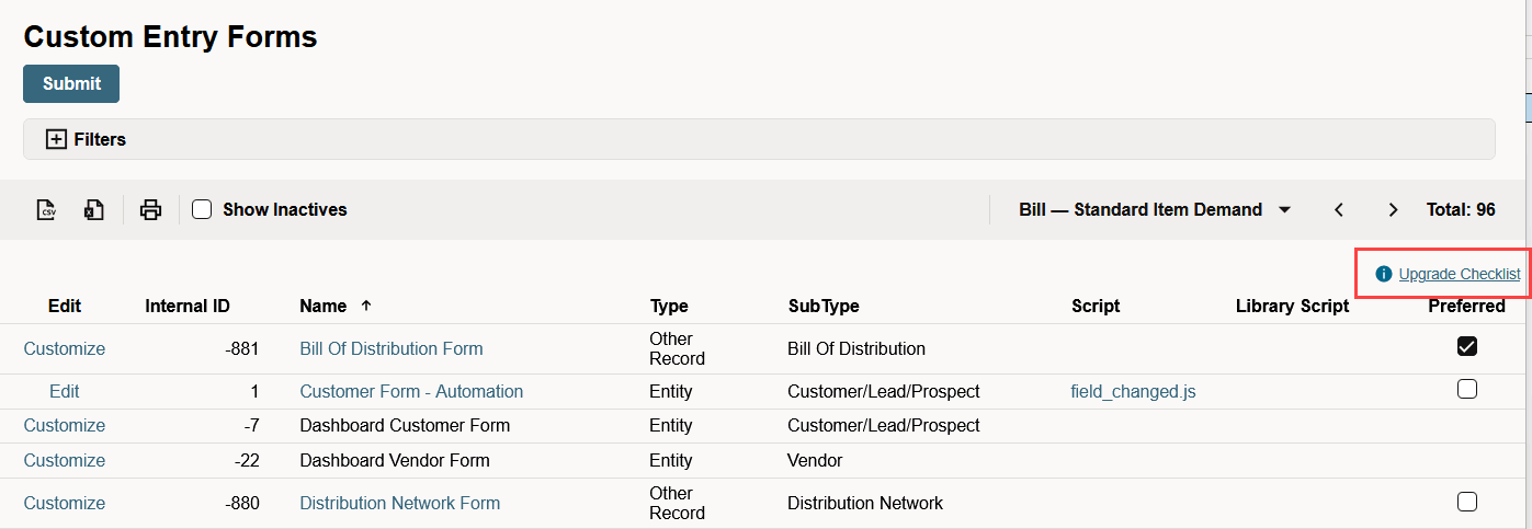 Custom Entry Forms page highlighting the Upgrade Checklist link.