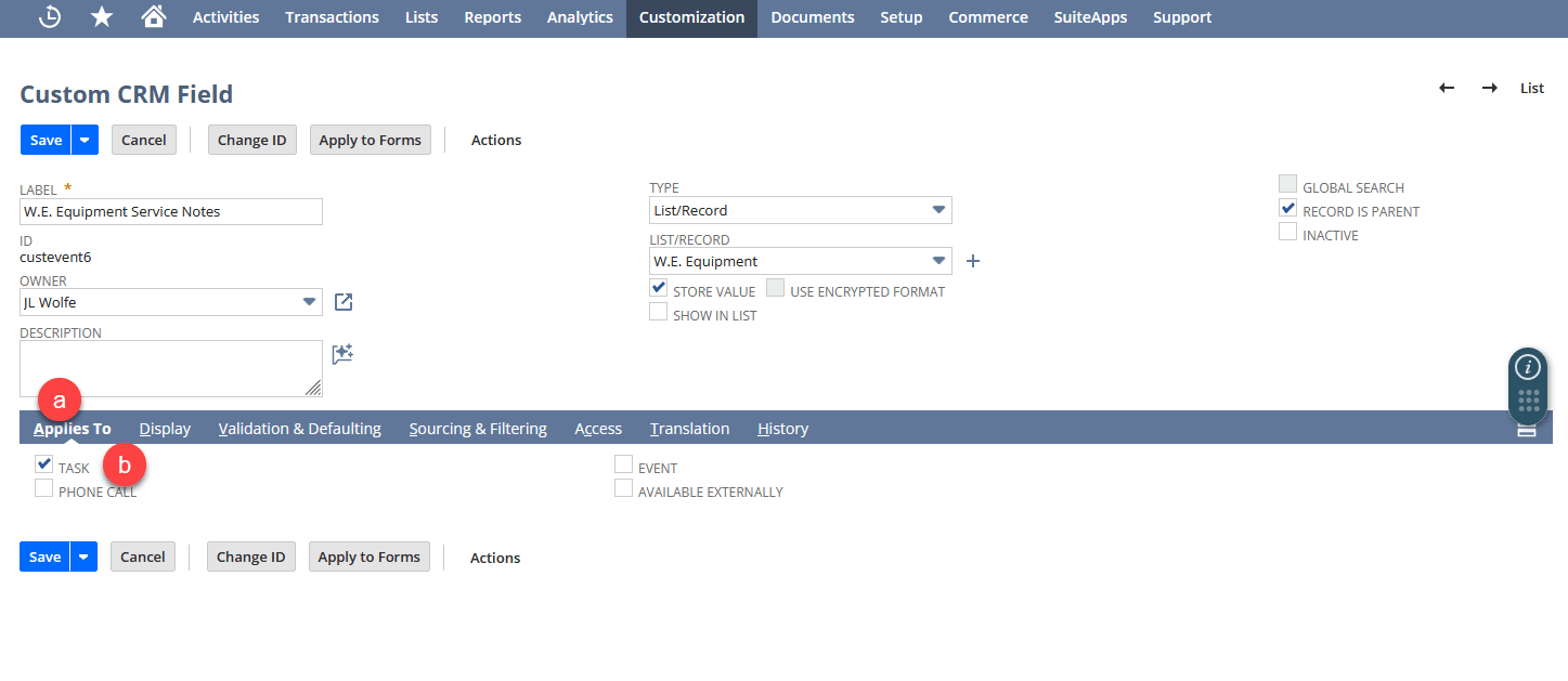 Image of custom field identifying the fields to complete to define the child record