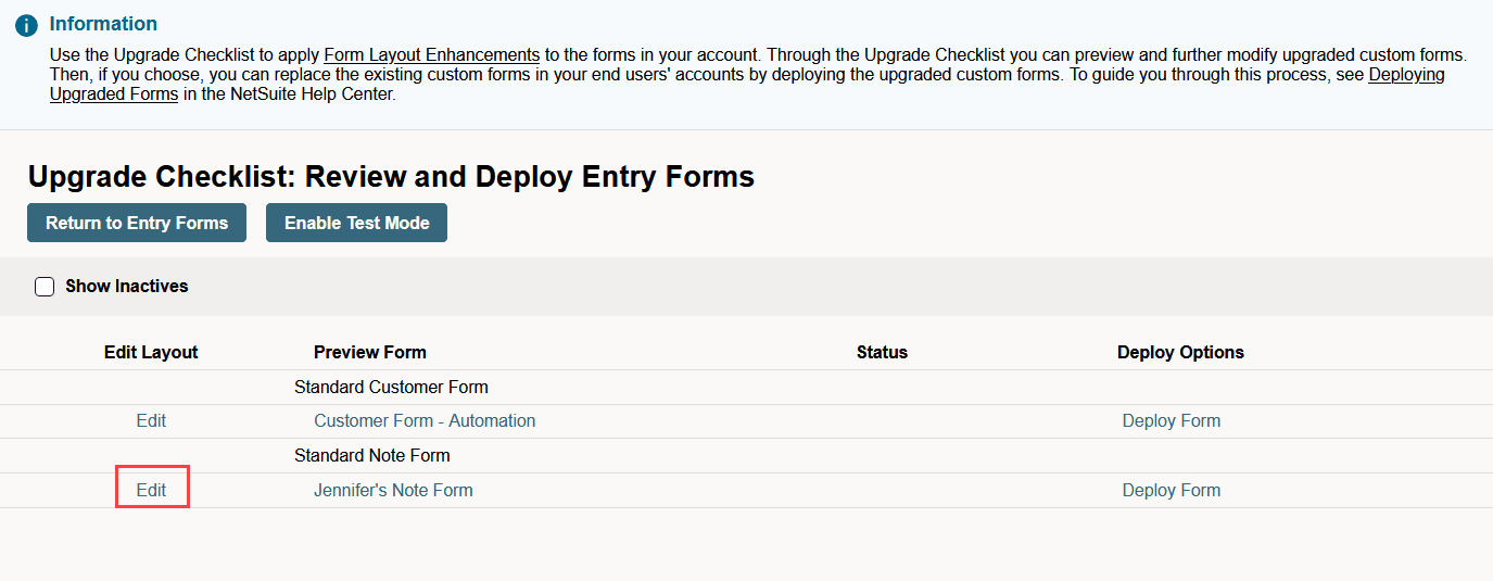 Sample Upgrade Checklist page highlighting the Edit link.