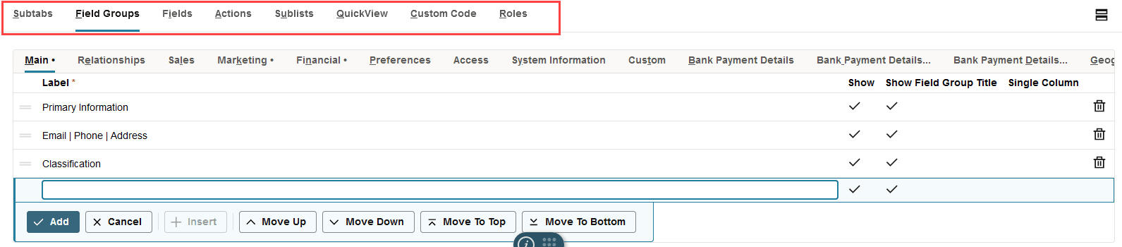 Field Groups subtab menu.