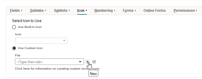 Sample Icon subtab showing New option.