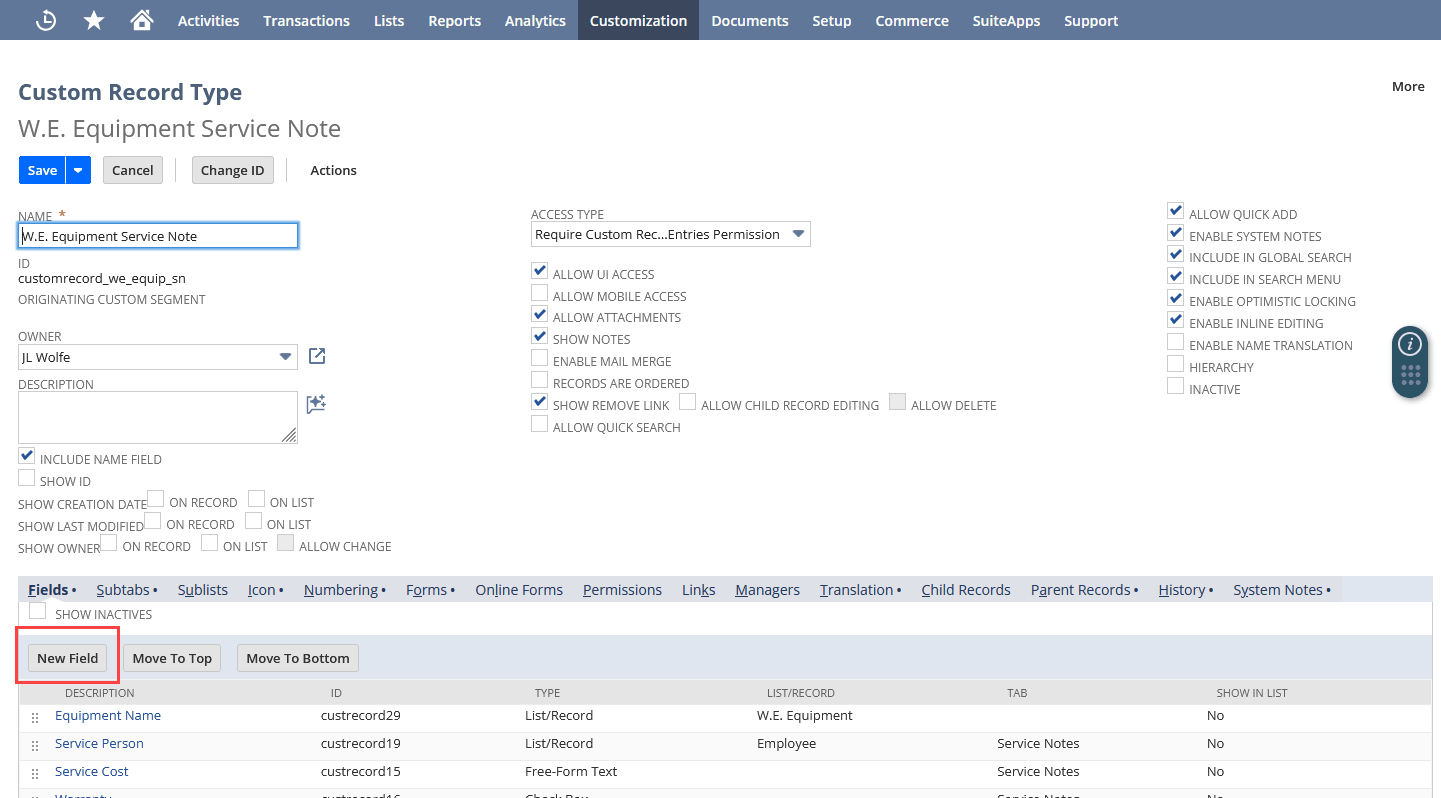 Example child record highlighting the New Field button