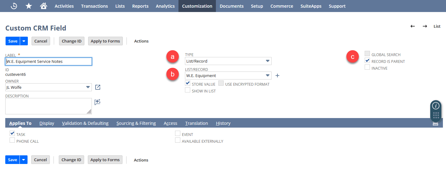 Image of a custom field indentifying the fields to complete to define the parent record
