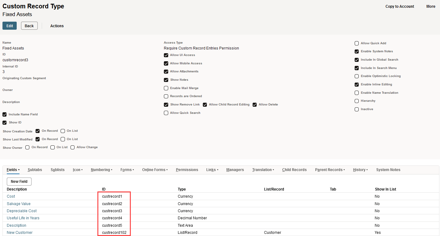 Sample Fixed Assest custom record type with ID fields highlighted on the Fields subtab.