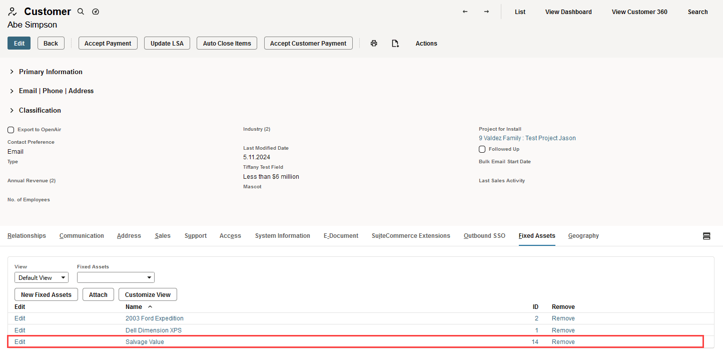 Sample customer record highlighting a row on the Fixed Assets subtab.