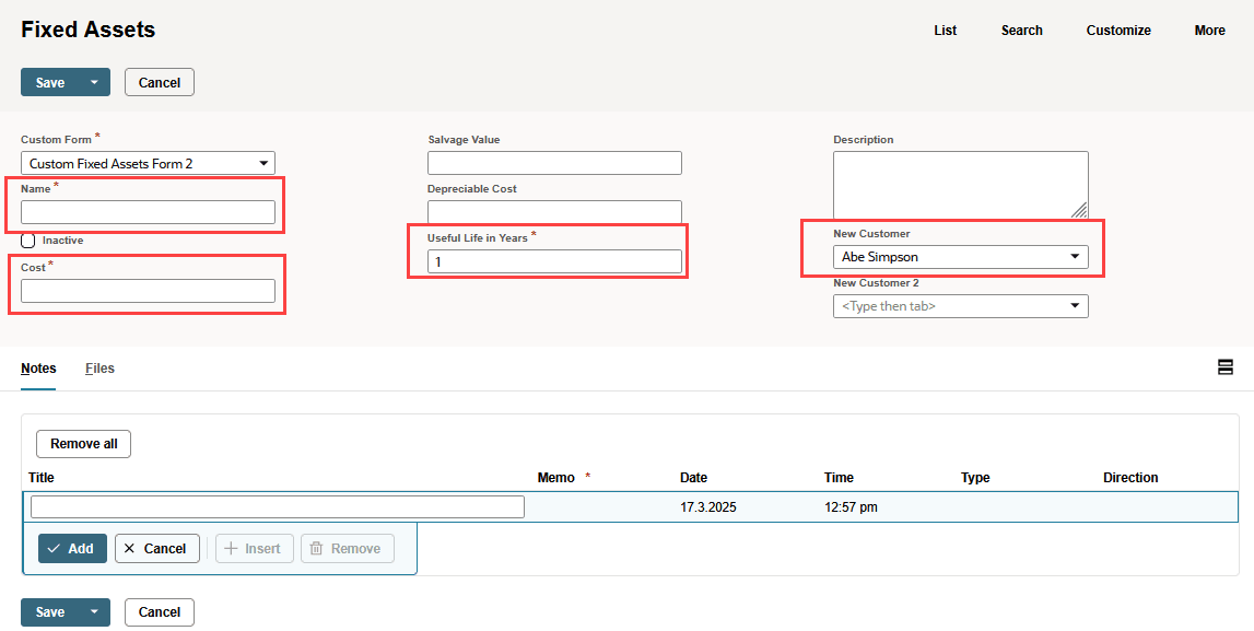 Sample Fixed Assets page with mandatory fields highlighted.