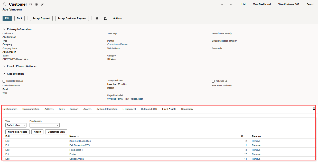 Sample Customer page with Fixed Assets subtab highlighted.