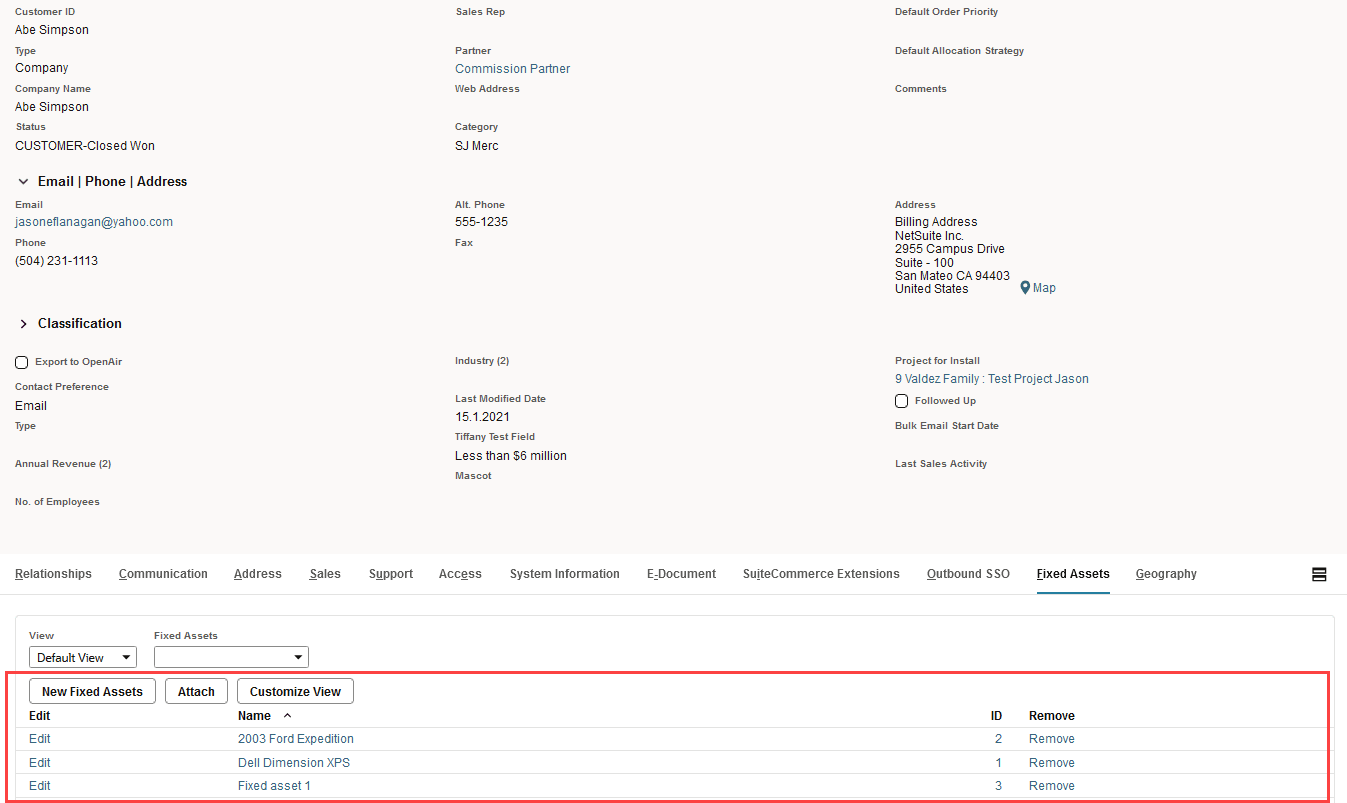 Sample Customer record highlighting the Fixed Assets sublist on the Fixed Assets subtab.