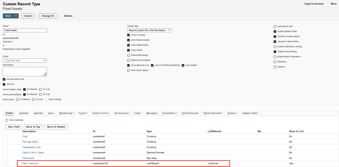 Sample Fixed Assets custom record type highlighting where to find the custom child internal ID.