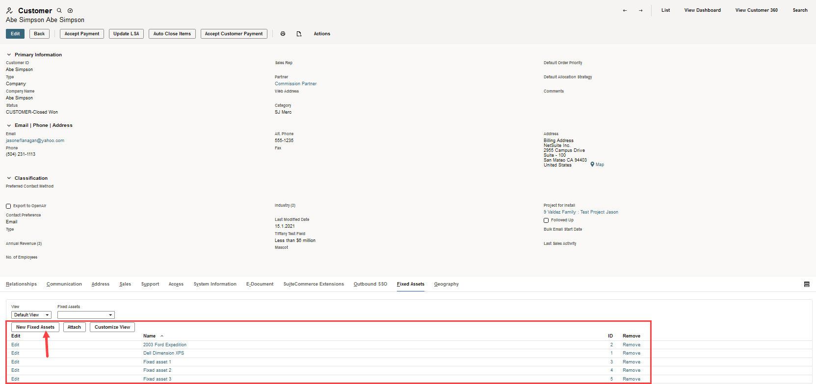 Sample customer record Fixed Assets subtab.
