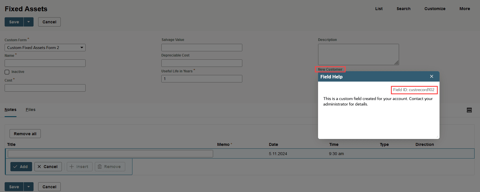 Sample Field Help highlighting the Field ID.