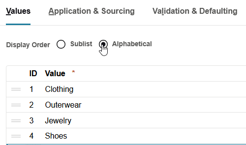 Sample Values subtab showing display order options.