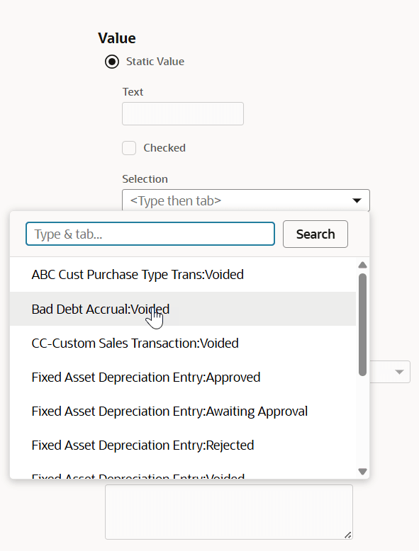 Sample workflow action showing combination of transaction type and status.
