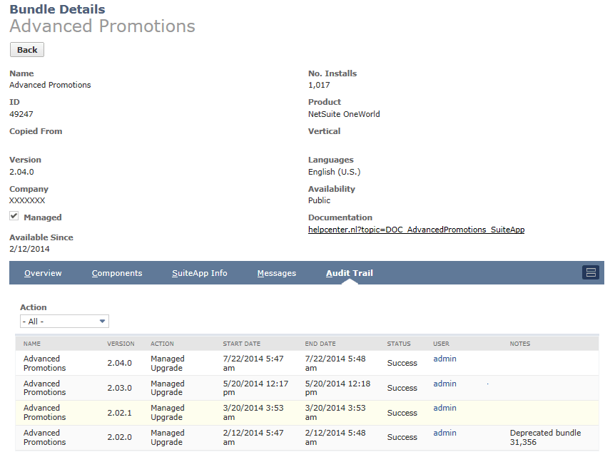 Bundel Details page with Audit Trail subtab displayed.