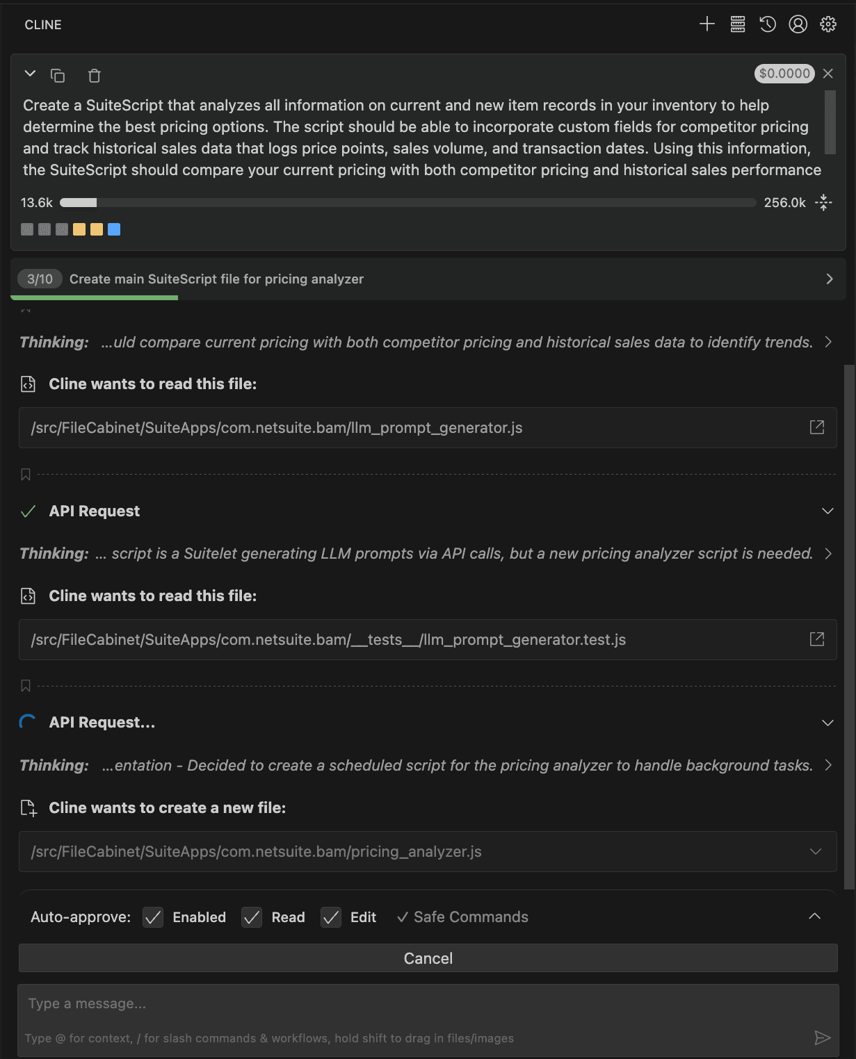 Example prompt output in Cline extension.