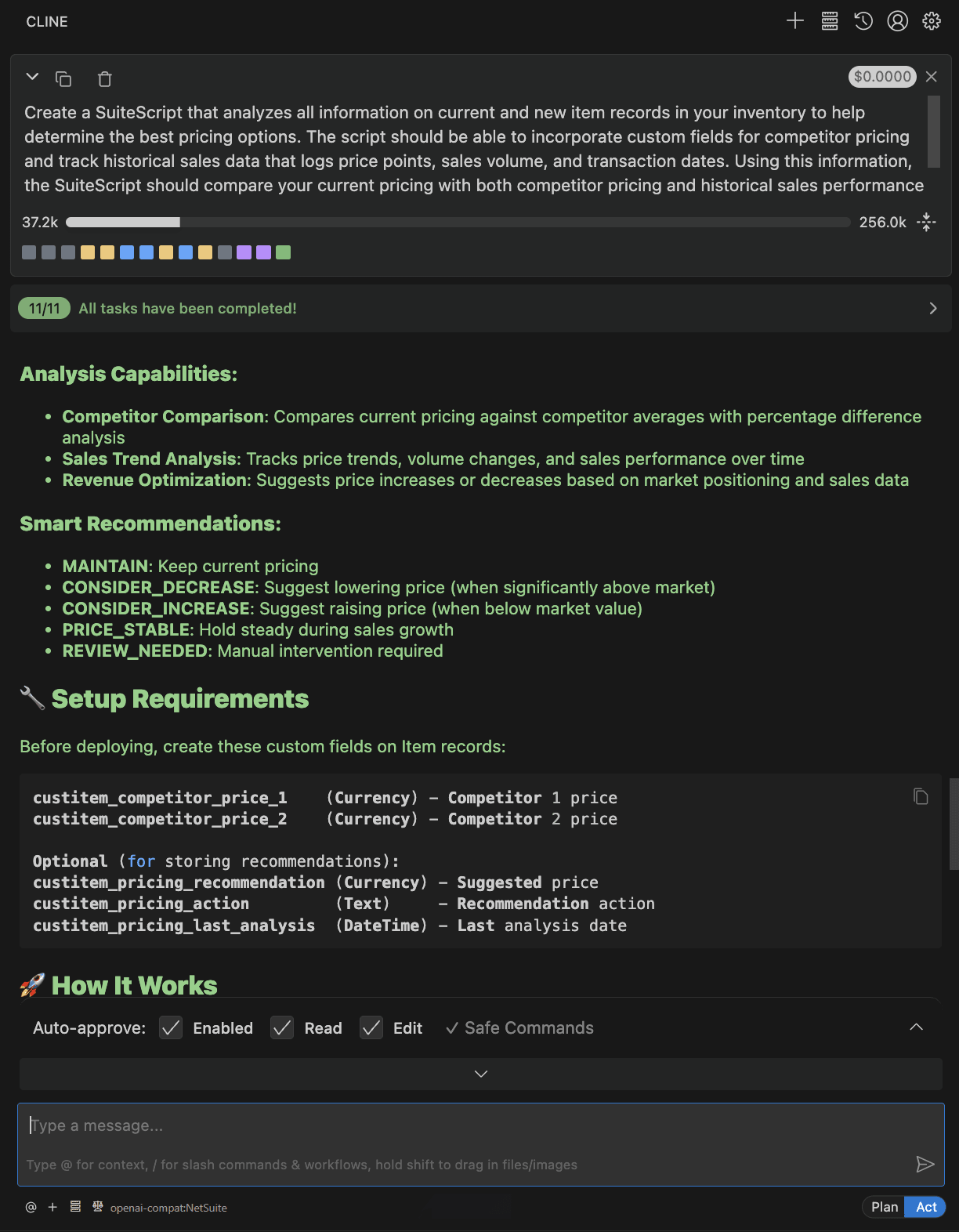 Example prompt output in the Cline extension.