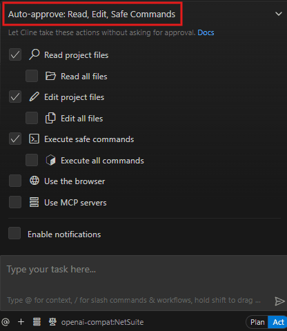 Screenshot showing the auto-approve options: Read, Edit, Safe Commands