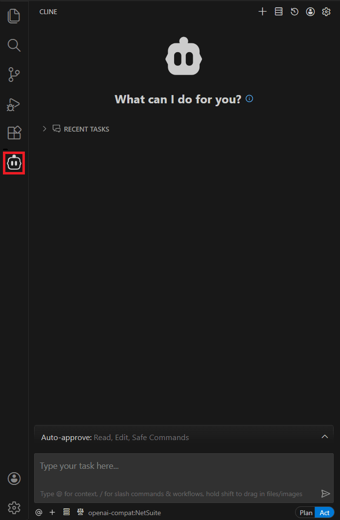 Cline user interface showing the chatbox
