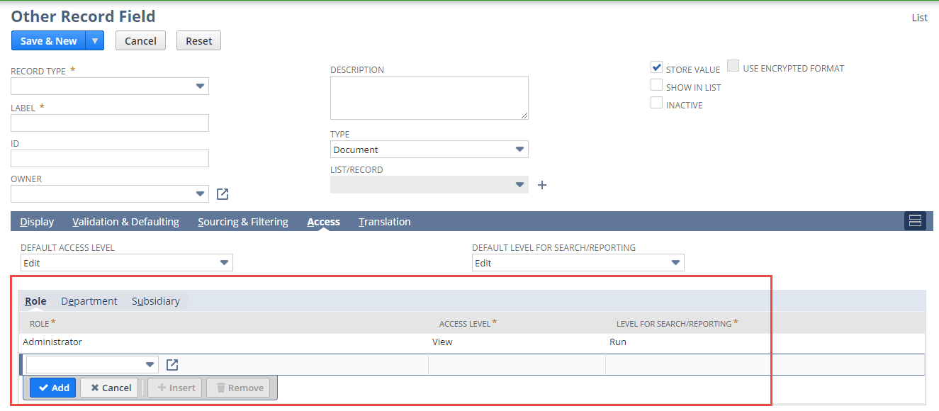 Other Record Field page with Access tab with Role highlighted.