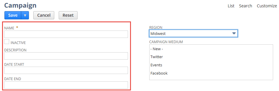 Campaign page with custom fields highlighted.