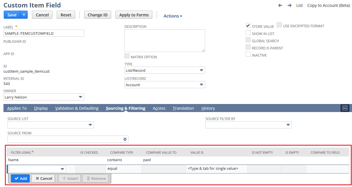 Custom Item Field page with Name filter highlighted.