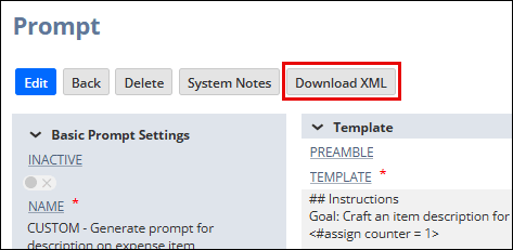 A prompt in Prompt Studio with the Download XML button highlighted.