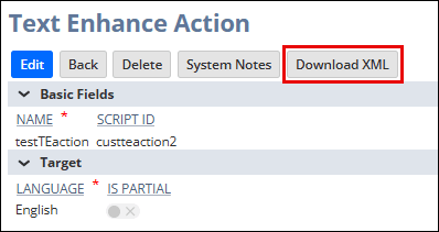 A Text Enhance action in Prompt Studio with the Download XML button highlighted.