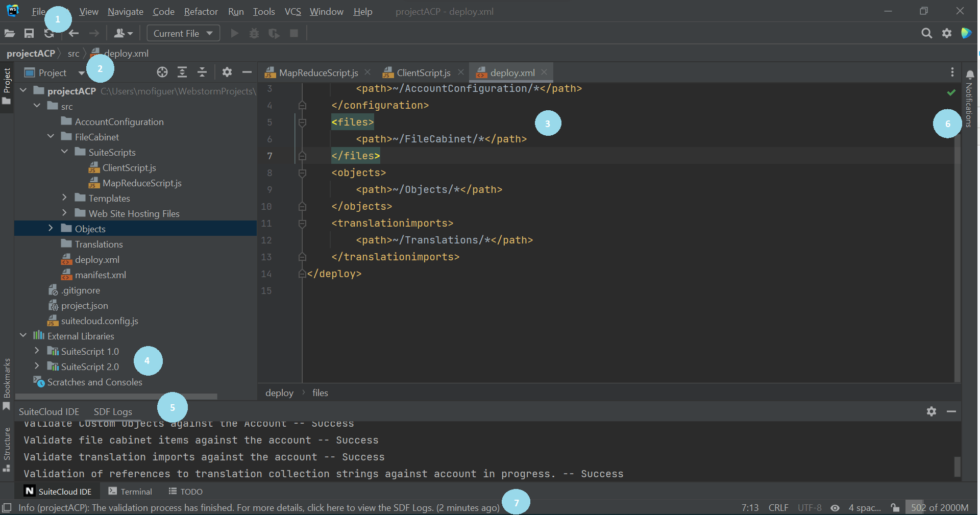 SuiteCloud IDE Plug-in for WebStorm with components highlighted.