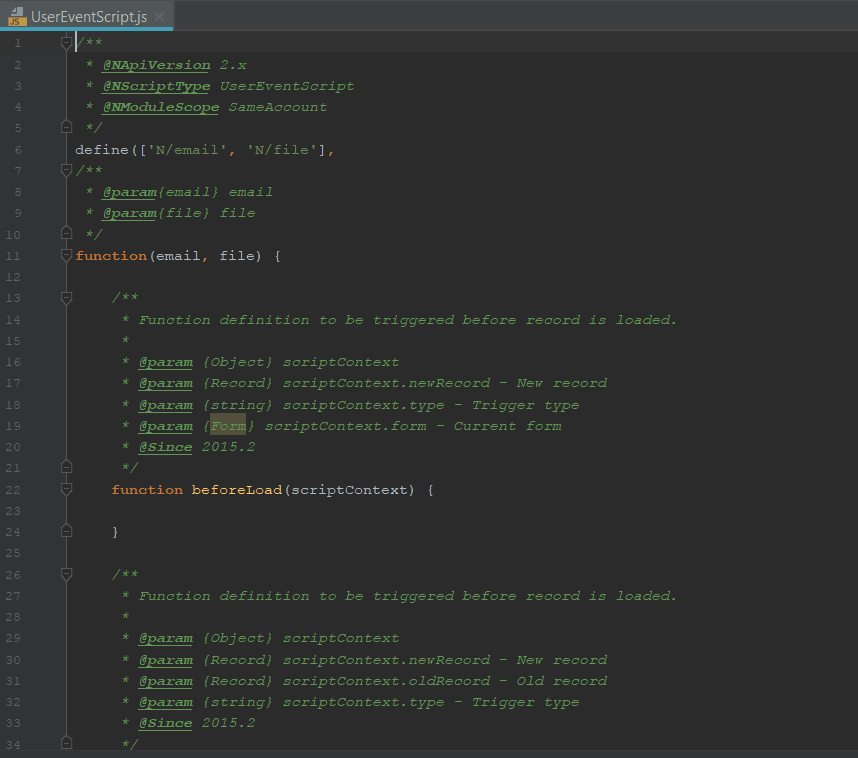 An example of a SuiteScript file created.