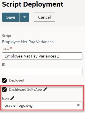 Script deployment record for a porlet with Dashboard SuiteApp and Icon highlighted.