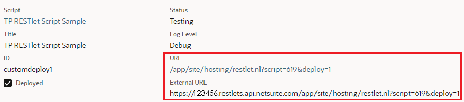 Script Deployment for RESTlet with URL fields highlighted.