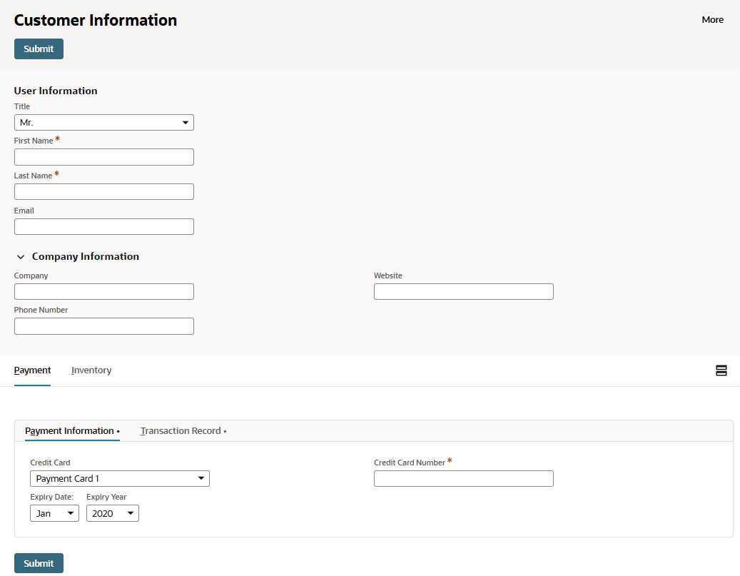 The Customer Information page with the Payment Information sublist and tab shown.