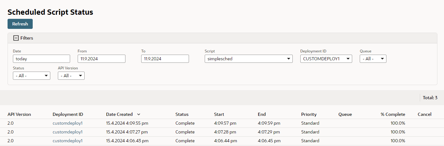 Schedule Script Status page.